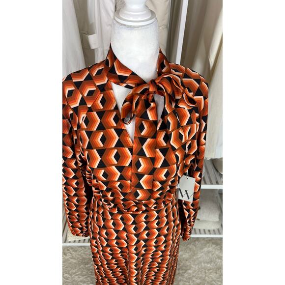 Worthington Women's Sz XS Orange Geometric Print Tie Neck Satin Midi Dress #0561 - Picture 2 of 13